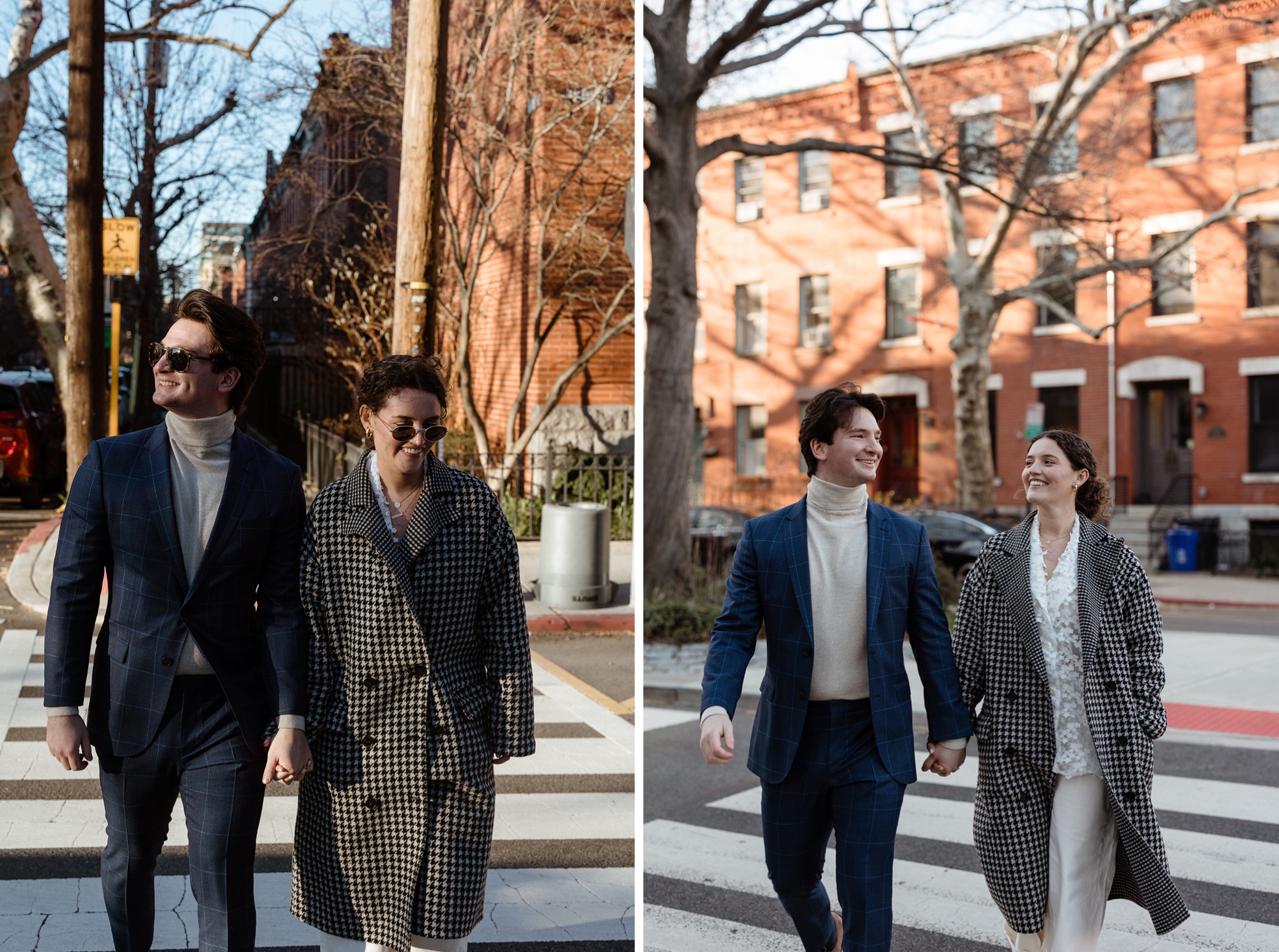 two photos of a couple walking down the street in hoboken, new jersey