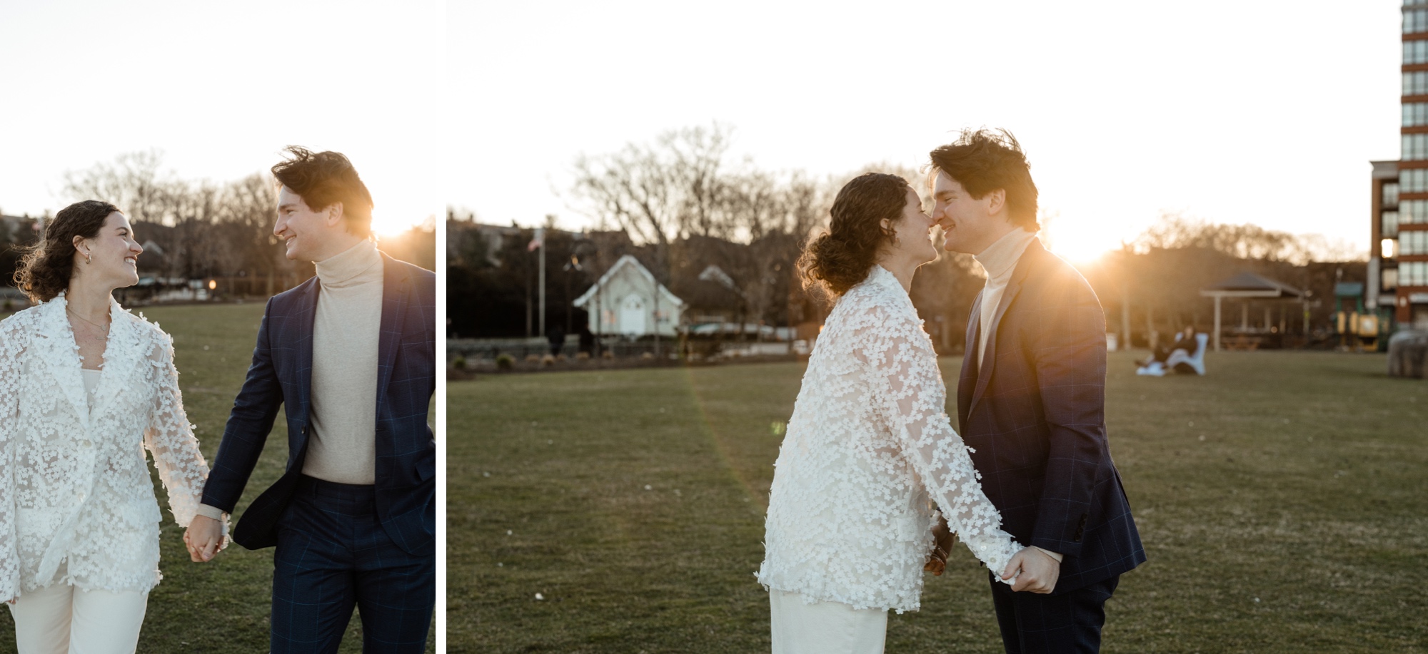 two photos of a couple playing in hoboken, new jersey