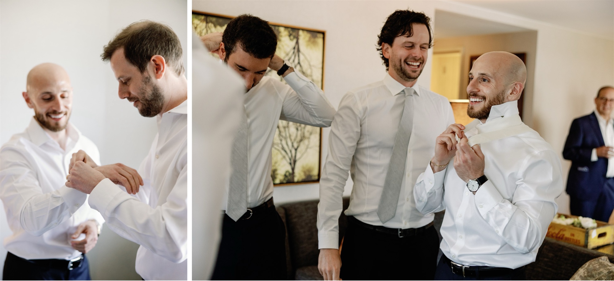 Groomsmen laughing and smiling together before the ceremony.