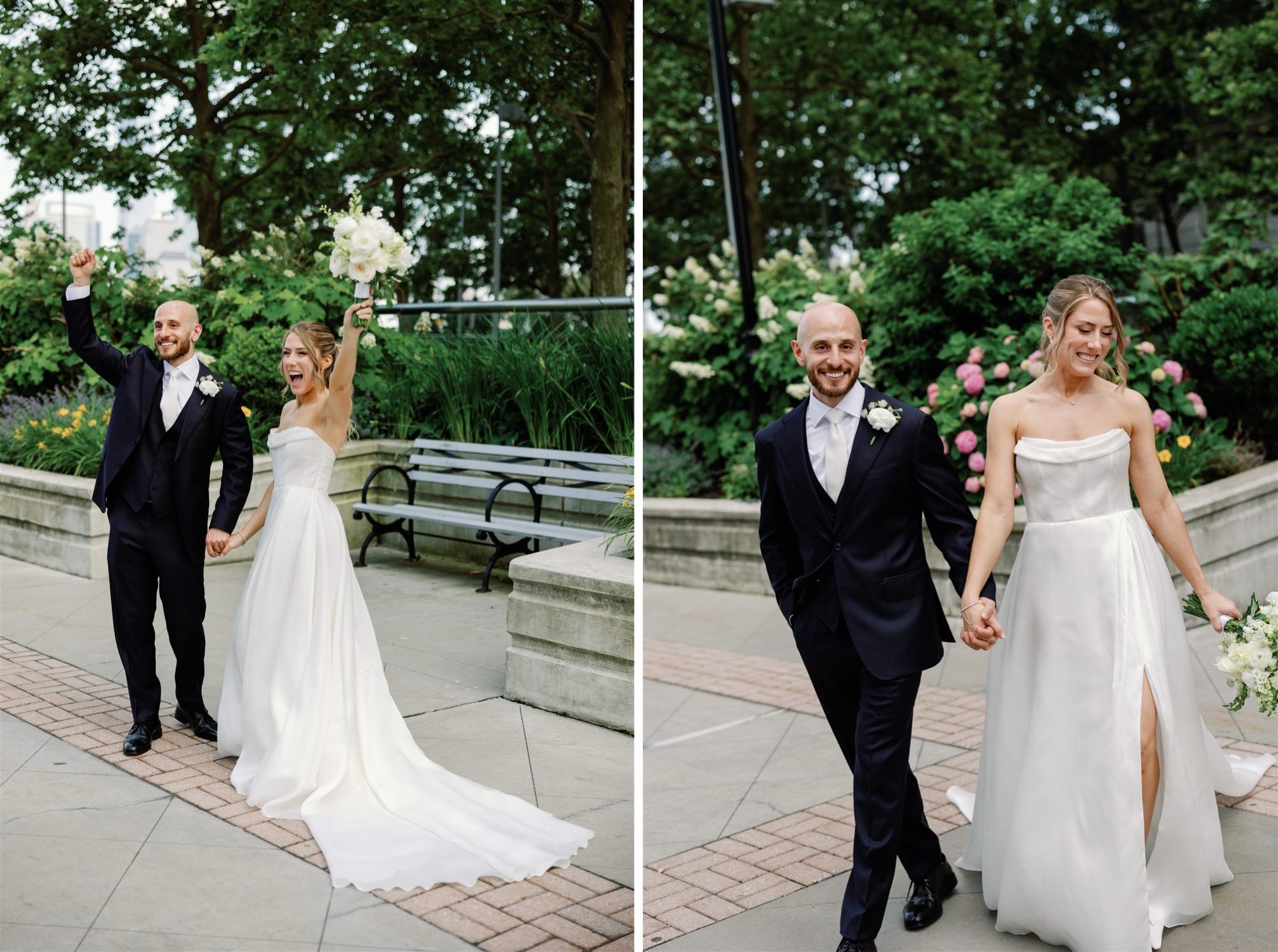 Bride and groom walk hand-in-hand and celebrate joyfully outside, surrounded by summer flowers and greenery in a garden courtyard.