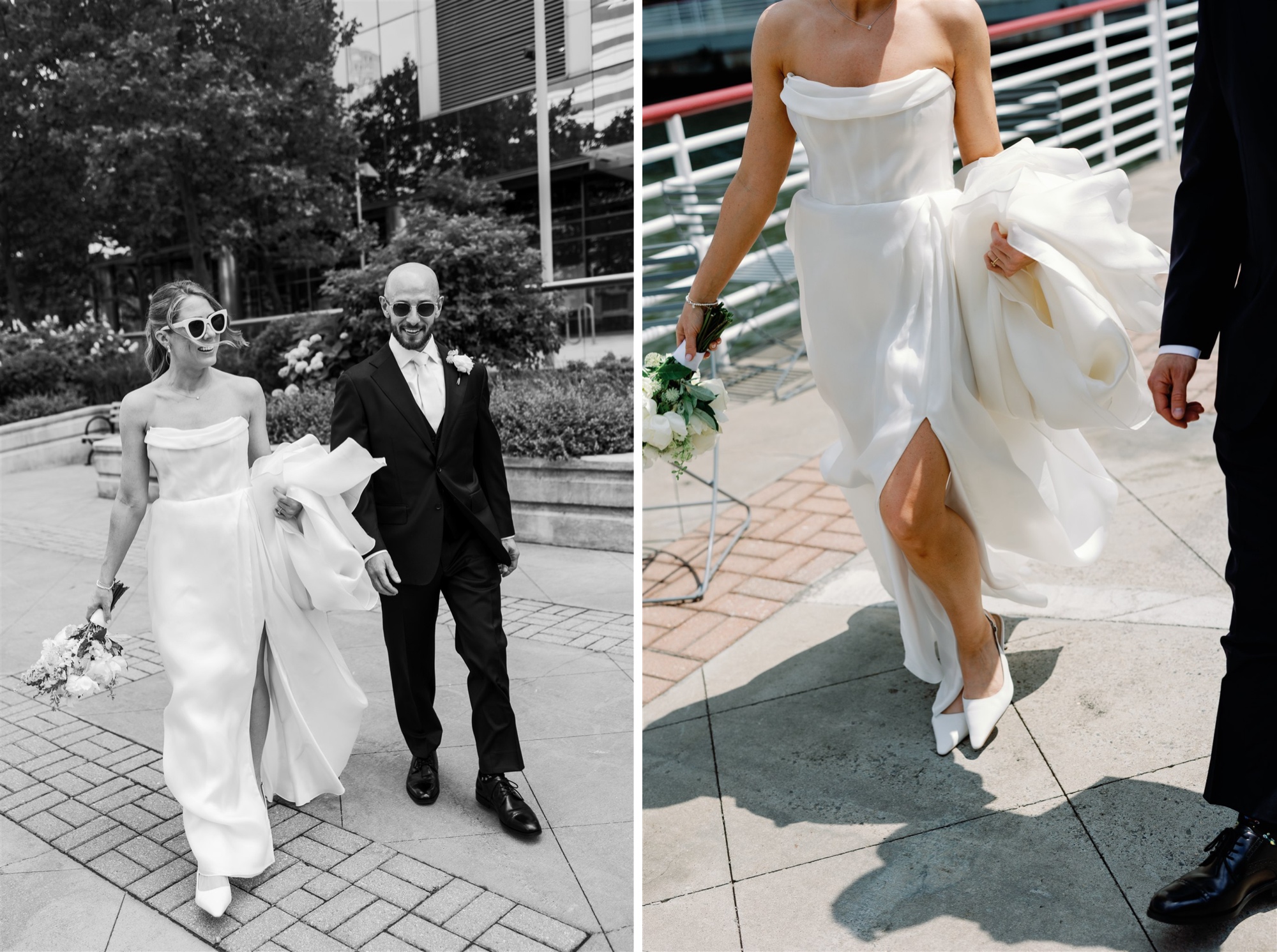 Bride and groom walk hand-in-hand and celebrate joyfully outside, surrounded by summer flowers and greenery in a garden courtyard.