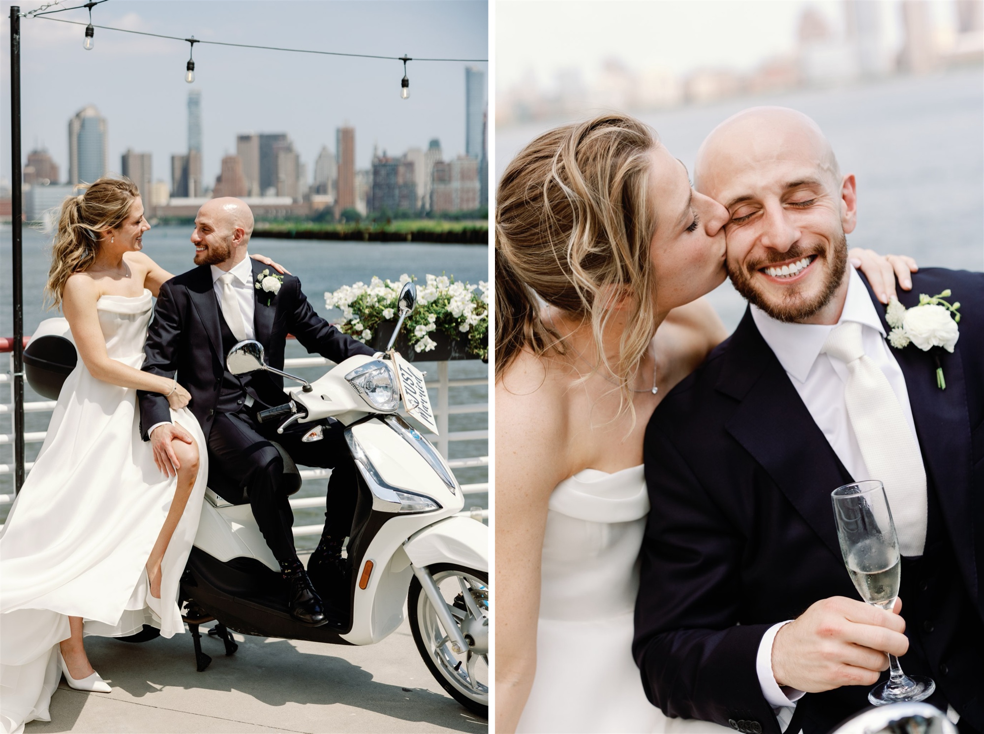 Bride and Groom pose on a vespa on the waterfront deck at Battello, with the manhattan skyline and one world trade center in the background.