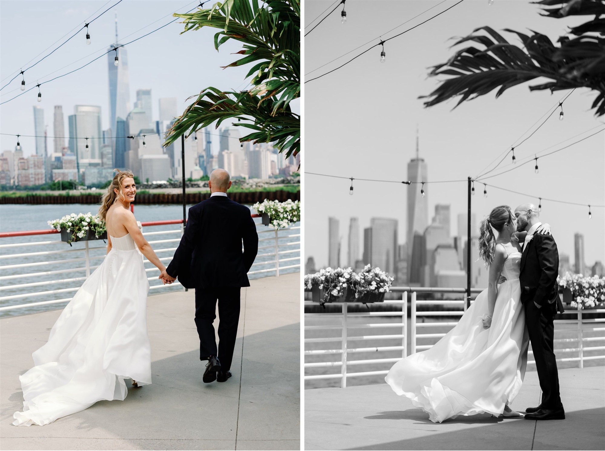 Bride and groom walk hand-in-hand and celebrate joyfully on a waterfront deck at Battello, with the Manhattan skyline and One World Trade Center in the background
